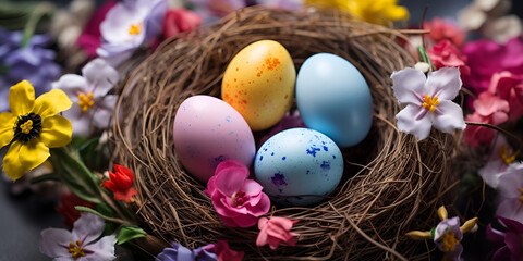 Fototapeta na wymiar Colorful easter nest with easter eggs Colorful Easter Eggs Nestled in the Heart of Spring's Flowers generative AI