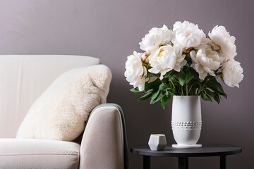 Vase of white peonies with coffee table and armchair near grey wall.