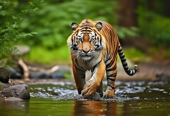 Naklejka premium Amur tiger walking in the water. Dangerous animal. Animal in a green forest stream.