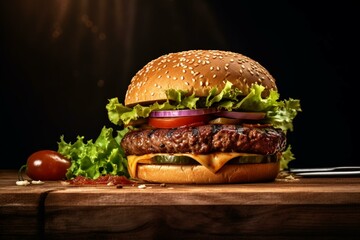Burger on wooden table with dark background. Generative AI