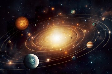 Our 3d Solar system with planets in orbits path. - obrazy, fototapety, plakaty