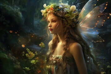 Fairies in the forest magic among flowers and petals - obrazy, fototapety, plakaty