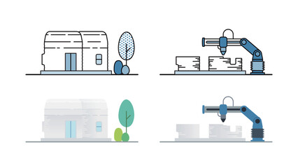 building 3D printed small houses with machine illustrations set - obrazy, fototapety, plakaty