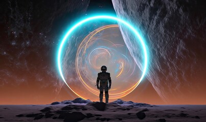 Astronaut in front of dimensional portal.