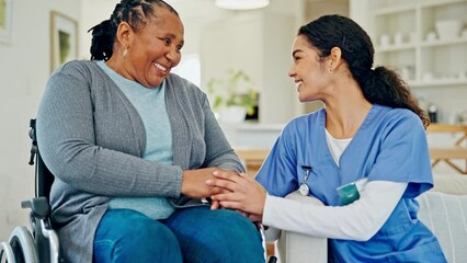 Home, woman in wheelchair and happy nurse holding hands for support, talking of mental health and social health. Medical student, ADN caregiver and kindness, love or care for patient with disability - Powered by Adobe