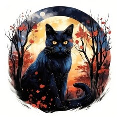 Black Cat in Moonlit Forest. Watercolor for T-shirt design.