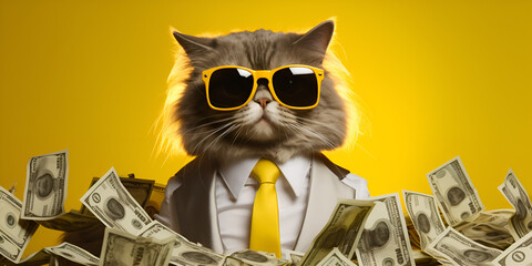  Successful and rich cat portrait Cute brown and black cat with money Cool rich successful hipster...