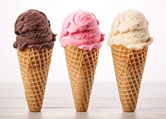 Chocolate, vanilla and strawberry Ice cream in the cone on white background.