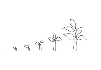 Continuous single line drawing of plant growth process. Isolated on white background vector illustration. Pro vector.