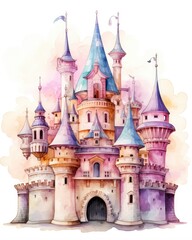 Obraz premium Colorful watercolor kawaii castle isolated on white background.