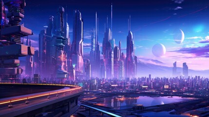 Obraz premium A futuristic, cyberpunk inspired cityscape at night.