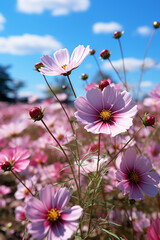 Cosmos flowers field with bright sky. 