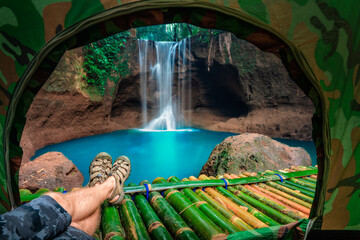 Beautiful view from camp on amazing tropical waterfall