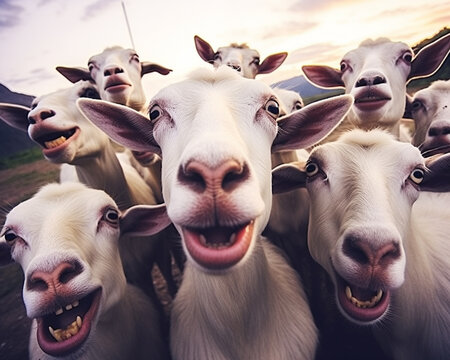 A group of funny sheep laughing at the camera, close-up