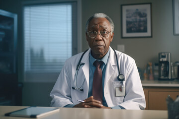 Portrait of an African American doctor in glasses and a white coat at a table in the office