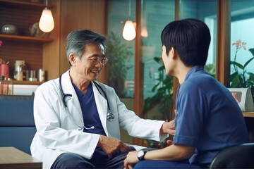Friendly Asian doctor is seeing a young patient in a hospital office - obrazy, fototapety, plakaty