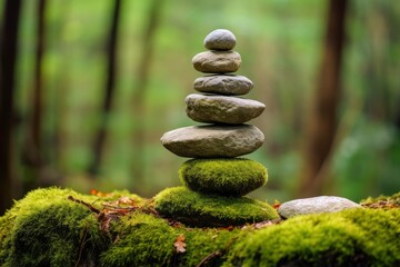 Pyramid stones balance on old mossy fallen tree.