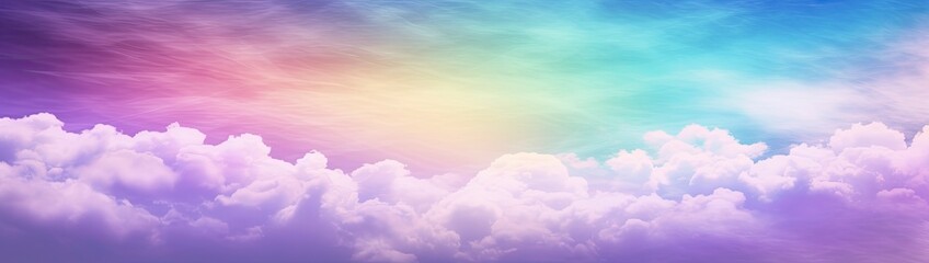 Rainbow sky with fluffy clouds. Multicolored toned sky.