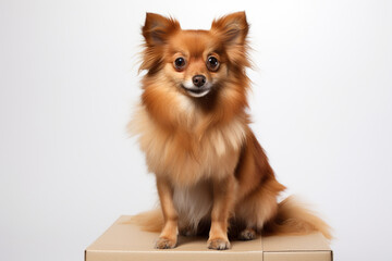 dog sits on the top of a cardboard box, has fluffy fur and a happy face
