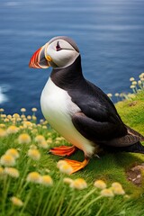 Puffin bird on a green grass patch.