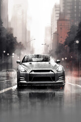 Beautiful silver sports car car on the raining street of the city