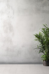 Branches with green leaves at edge on concrete wall, poster mockup for design