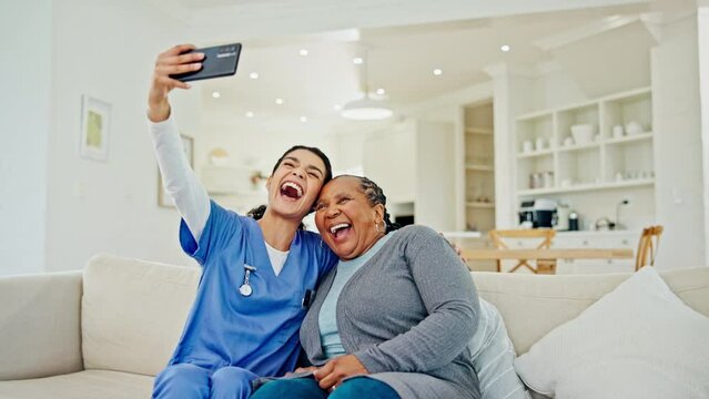 Nurse, selfie or mature happy woman, client or people post memory photo to media app in nursing home. Volunteer caregiver, living room sofa and healthcare patient smile in profile picture photography