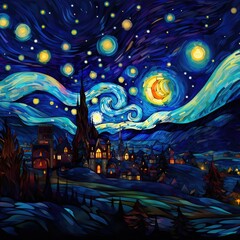 Starry night in stained glass style - obrazy, fototapety, plakaty