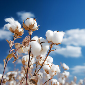 Closeup of beautiful cotton flowers on blue sky background