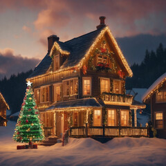 Fototapeta premium Christmas house decorated with magic christmas tree and lights