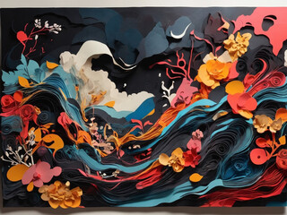  Flowers and, wave, peper art mixed on Yokai style on dark atmosphere tone with vibrant colours.