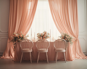 Pink restaurant interior, table setting with flowers