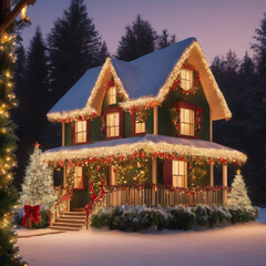 Fototapeta premium Christmas house decorated with magic christmas tree and lights
