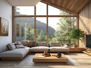 Modern space wooden interior living room with large windows and wooden furniture generative ai