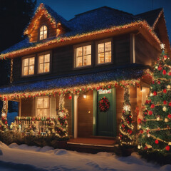 Christmas house decorated with magic christmas tree and lights