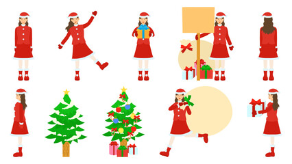 サンタクロースの格好の女性。様々な動作。フラットなベクターイラストセット。A woman dressed as Santa Claus. Various motions. Flat designed vector illustration set.