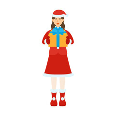 プレゼントを渡すサンタクロースの格好の女性。フラットなベクターイラスト。
A woman dressed as Santa Claus gives a present. Flat designed vector illustration.