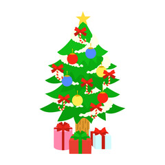クリスマスツリーとプレゼントボックス。フラットなベクターイラスト。
A Christmas tree and gift boxes. Flat designed vector illustration.