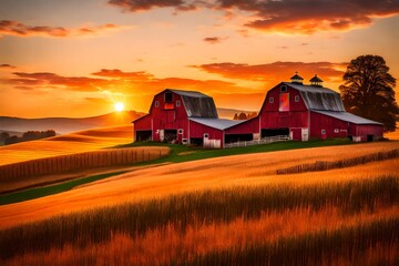 sunset in the village, background with flowers