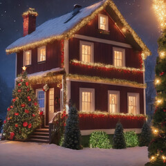Fototapeta na wymiar Christmas house decorated with magic christmas tree and lights