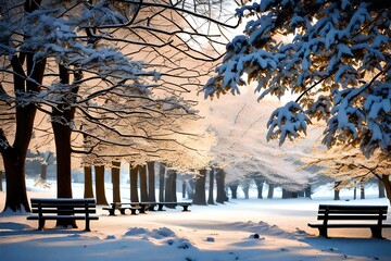 bench in winter park, winter in the park
