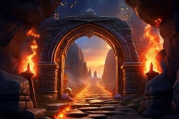 Embark on a mystical journey through fiery stone archways, where magic and mystery converge. Let the flames ignite your sense of discovery and adventure in an enchanting world beyond.