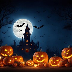 Fototapeta premium Spooky Halloween Castle Night Scene with Fiery Pumpkin in Graveyard and Bats