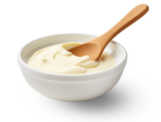 Wooden soup spoon and delicious mayonnaise in a wooden bowl,cream,ice cream,white or transparent background,Mayonnaise, millet paste	 - obrazy, fototapety, plakaty