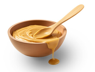 Wooden soup spoon and delicious peanut butter in a wooden bowl,white or transparent background,Mayonnaise, millet paste	 - obrazy, fototapety, plakaty