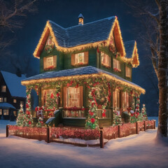 Fototapeta premium Christmas house decorated with magic christmas tree and lights