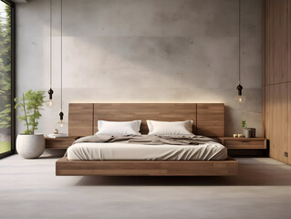 Modern wooden bedroom with wooden furniture generative ai