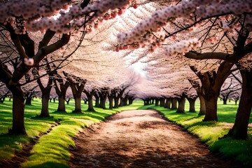 landscape with trees, Tranquil Cherry Blossom Path in a Peaceful Springtime Park