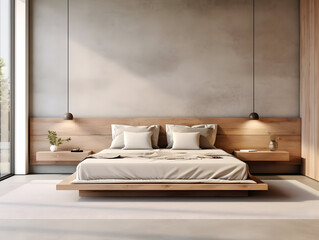 Fototapeta na wymiar Modern wooden bedroom with wooden furniture generative ai