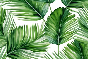 Seamless tropical watercolor pattern: green palm leaves on white background. Generative AI